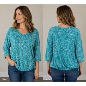 Chicos Teal White Floral Cotton Modal V-Neck Top Elastic Hem Tie Side Size 3 XL